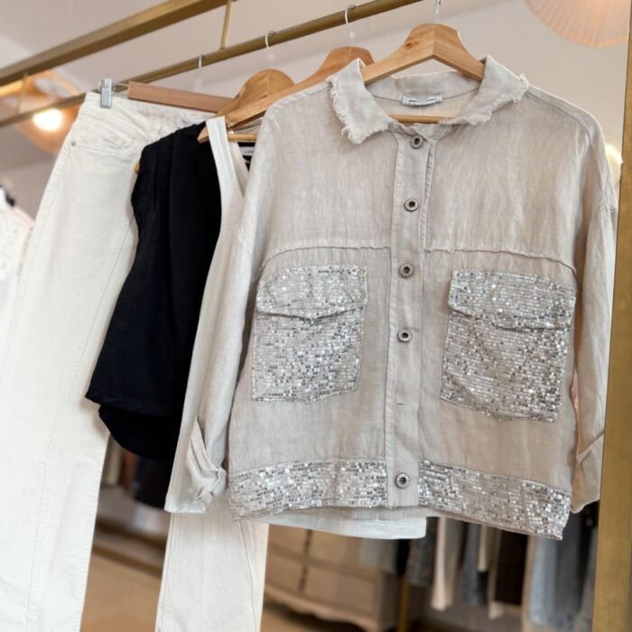 Chaqueta lino con bolsillos lentejuelas  710047